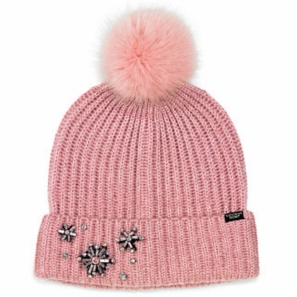 Victoria's Secret Pink Sparkle Pom Pom Beanie with Snowflake Embellishments NWT